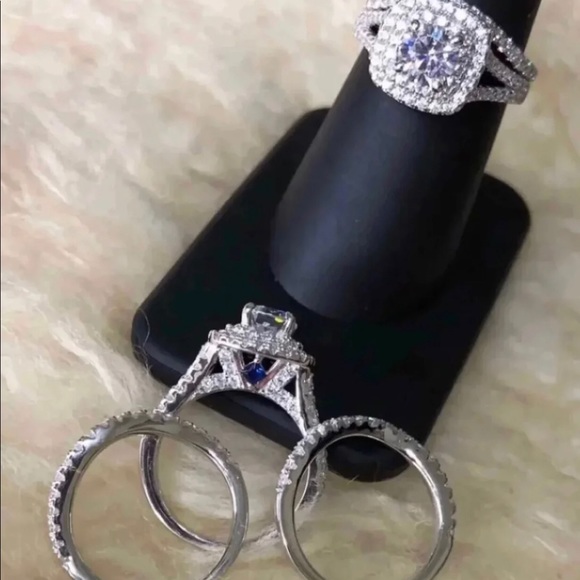 3 pcs 925 Silver Engagement Ring Wedding Band Set - Picture 1 of 5